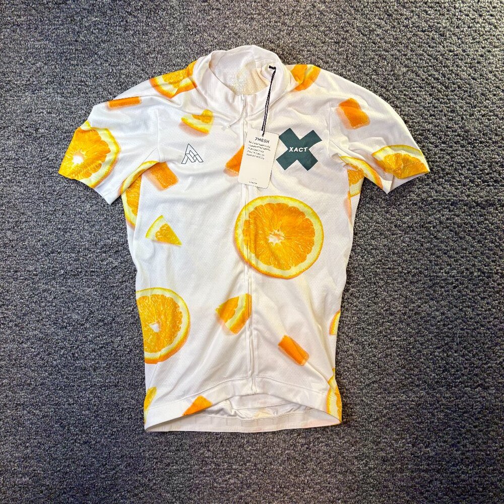 7MESH Cycling Jersey Men XS Full Zip Orange Print Lightweight Bike Shirt XACT
